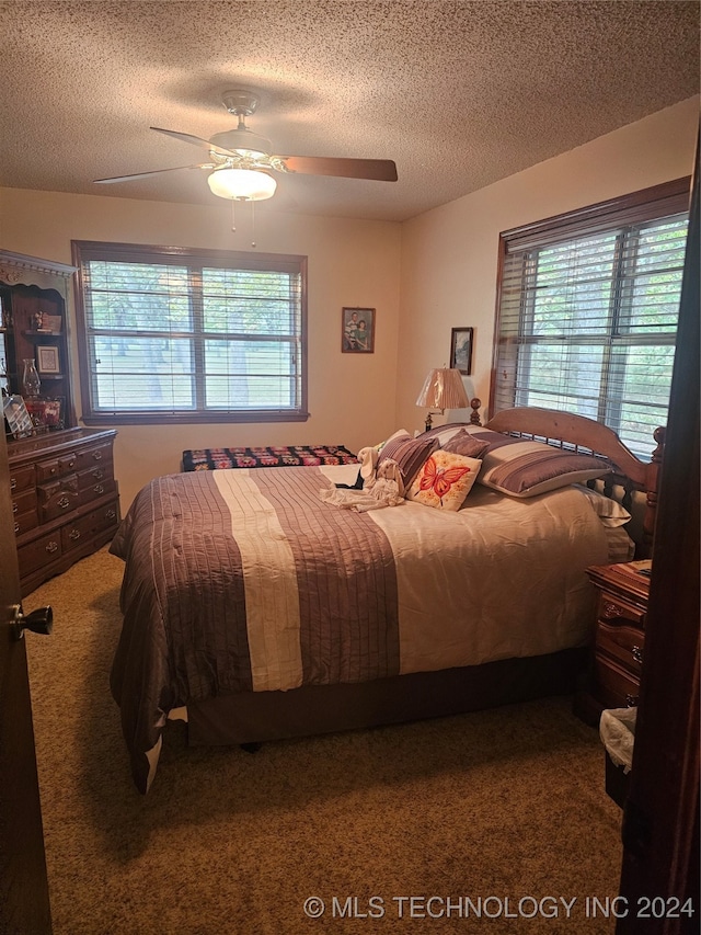 carpeted bedroom with multiple windows, ceiling fan, and a textured ceiling