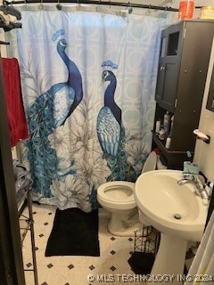 bathroom with a shower with curtain and toilet