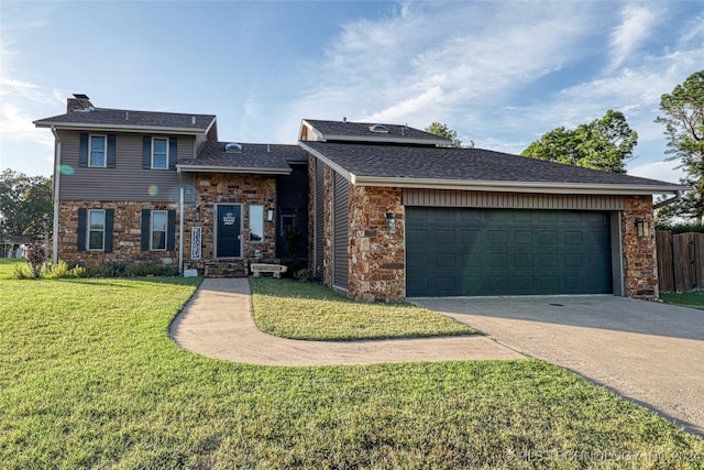 view of front of home with a front yard and a garage