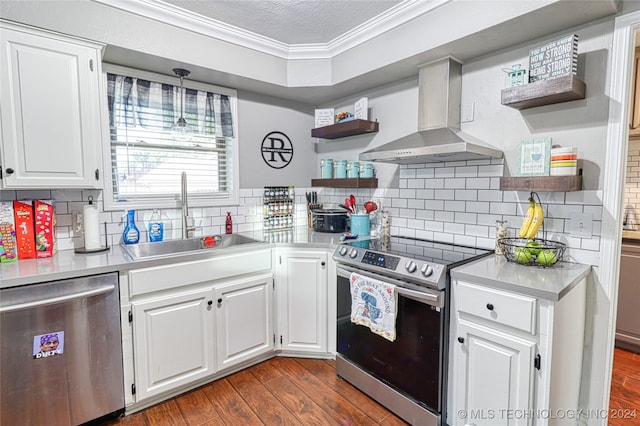 kitchen featuring ornamental molding, white cabinets, sink, wall chimney range hood, and stainless steel appliances