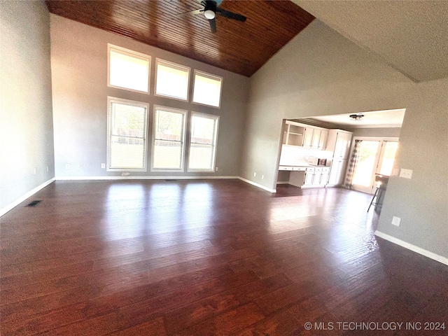 unfurnished living room with ceiling fan, dark hardwood / wood-style flooring, high vaulted ceiling, and wooden ceiling