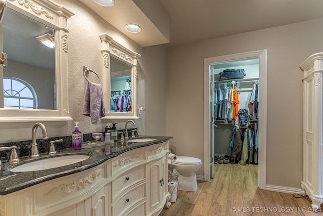 bathroom featuring vanity, toilet, and hardwood / wood-style flooring