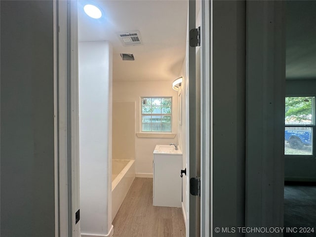 bathroom with hardwood / wood-style flooring, vanity, and a washtub