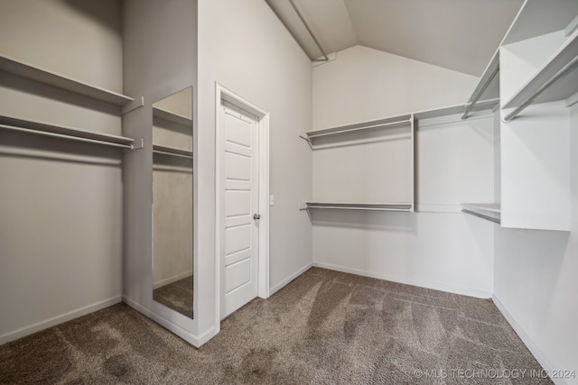 walk in closet featuring vaulted ceiling and dark carpet