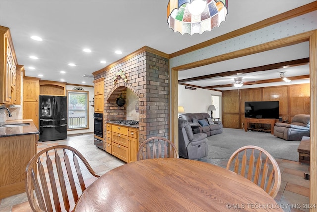 dining room featuring recessed lighting, beamed ceiling, ornamental molding, and a ceiling fan