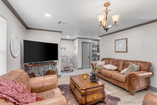 living room with a notable chandelier, light wood-type flooring, and ornamental molding