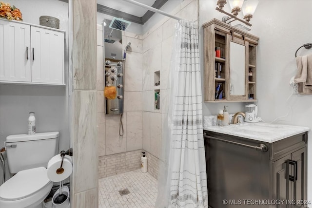 bathroom with walk in shower, vanity, and toilet