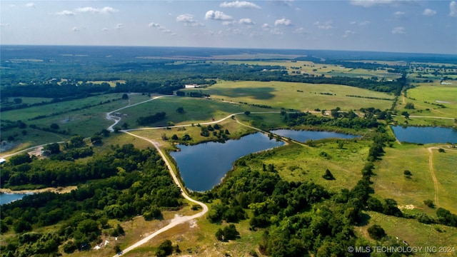 bird's eye view with a water view and a rural view