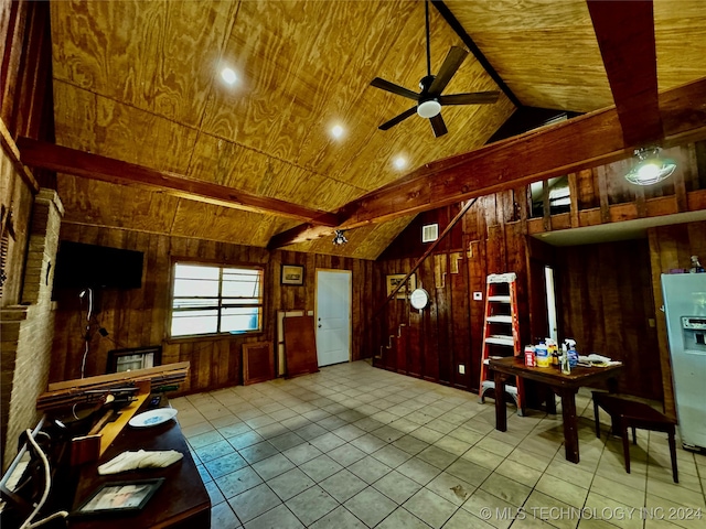 misc room featuring wood ceiling, light tile patterned flooring, lofted ceiling with beams, ceiling fan, and wooden walls