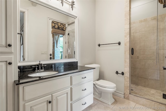 bathroom featuring tile patterned floors, walk in shower, vanity, and toilet