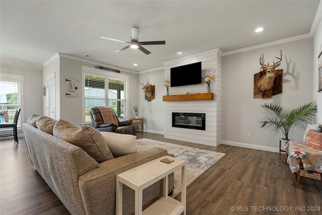 living room with ornamental molding, dark hardwood / wood-style flooring, ceiling fan, and a large fireplace