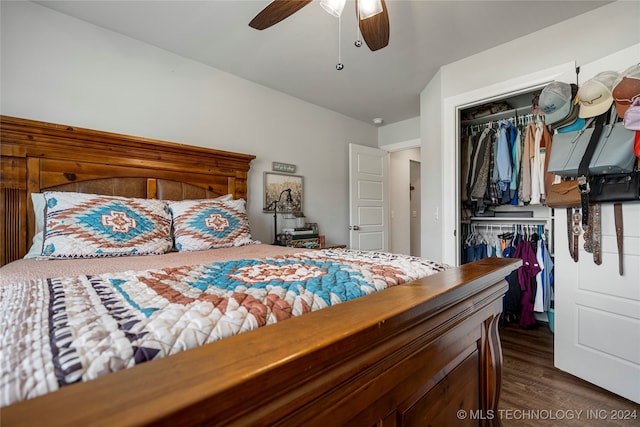 bedroom featuring ceiling fan, dark wood-type flooring, and a closet