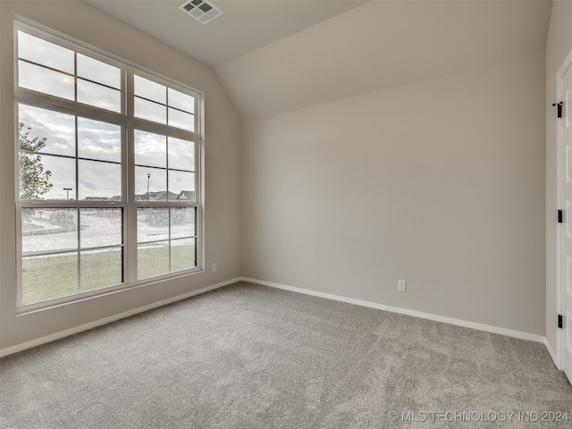 carpeted empty room with vaulted ceiling and plenty of natural light