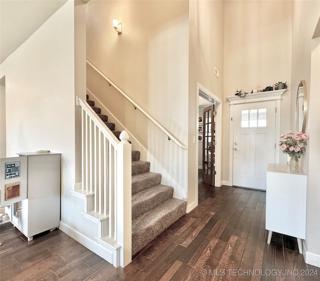 foyer featuring dark wood-type flooring and a high ceiling