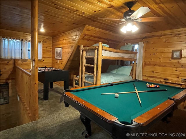 rec room featuring wood ceiling, wood walls, ceiling fan, and billiards