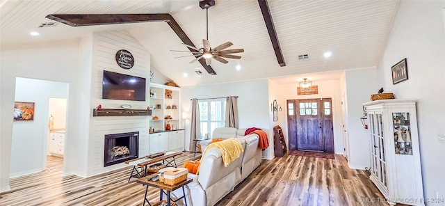 living room with high vaulted ceiling, a fireplace, wooden ceiling, wood-type flooring, and ceiling fan