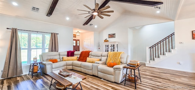 living room featuring high vaulted ceiling, wood-type flooring, ceiling fan, and wood ceiling