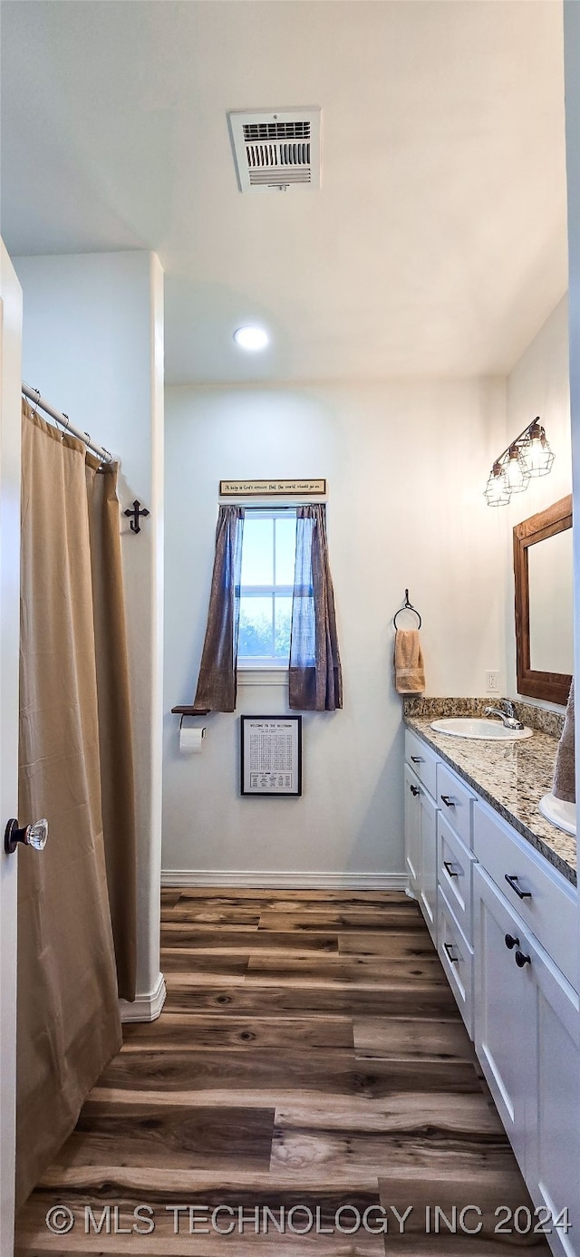 bathroom with vanity and hardwood / wood-style flooring