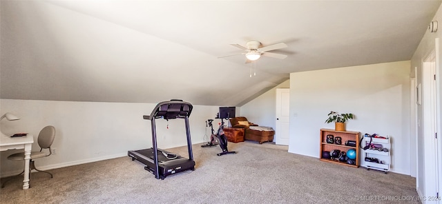 workout room featuring carpet, lofted ceiling, and ceiling fan