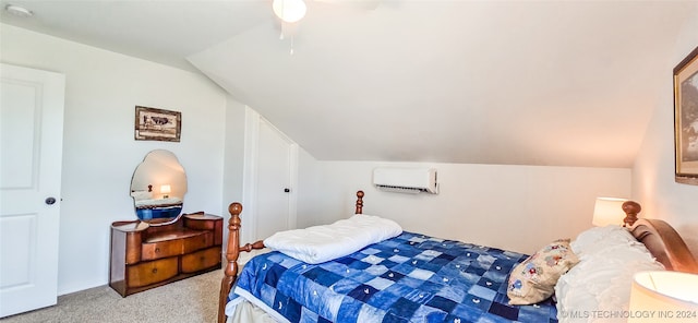 bedroom featuring lofted ceiling, carpet flooring, a wall mounted AC, and ceiling fan