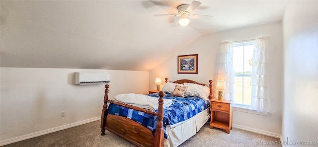 carpeted bedroom with a wall unit AC, vaulted ceiling, and ceiling fan