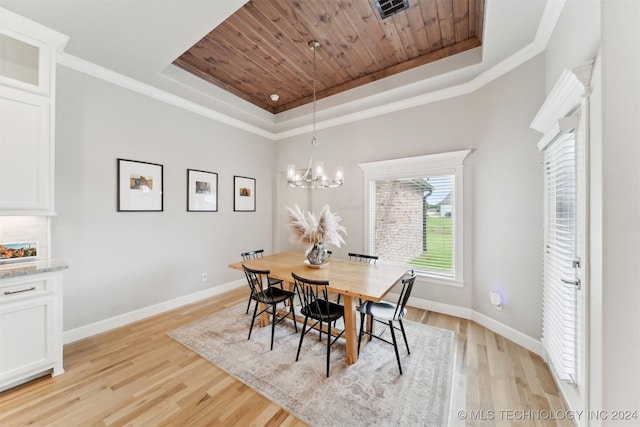 dining room with ornamental molding, a notable chandelier, light hardwood / wood-style flooring, and a tray ceiling