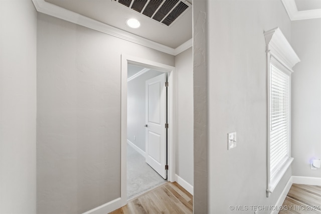 hall featuring light hardwood / wood-style flooring and ornamental molding