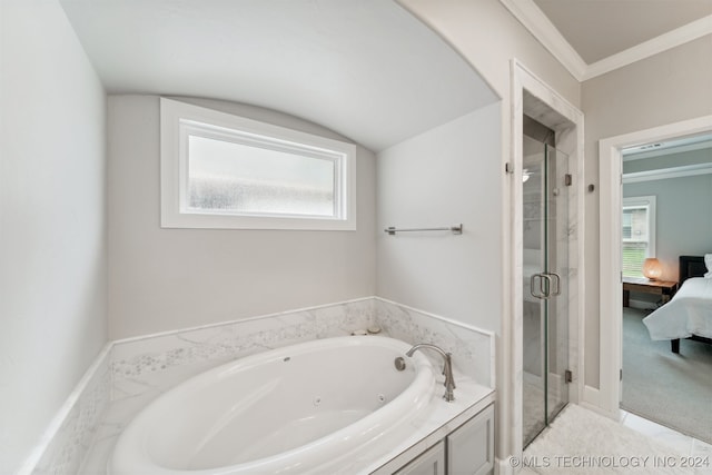 bathroom featuring independent shower and bath, a healthy amount of sunlight, vaulted ceiling, and ornamental molding