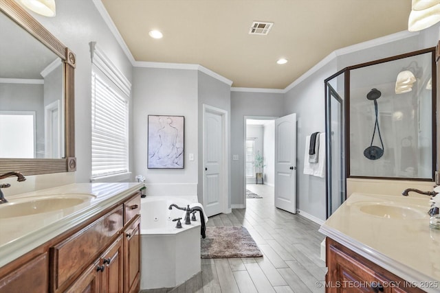 bathroom with vanity, crown molding, and plus walk in shower