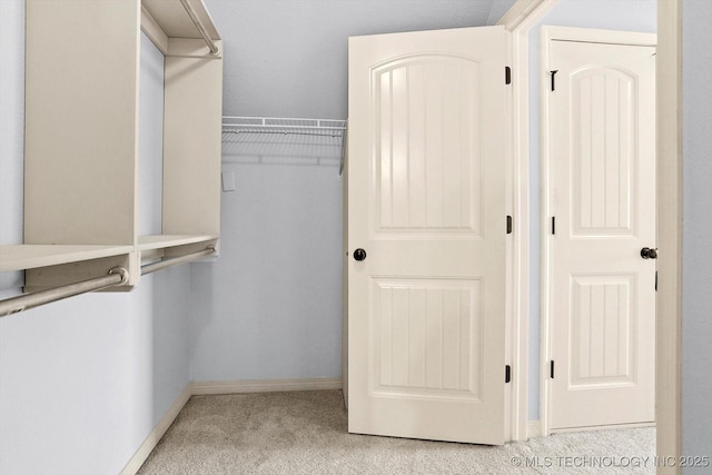 walk in closet featuring light colored carpet