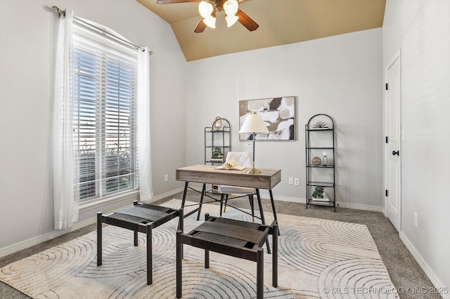 office with lofted ceiling, carpet flooring, and ceiling fan