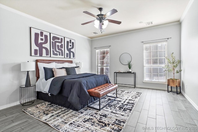 bedroom featuring crown molding, ceiling fan, and hardwood / wood-style flooring