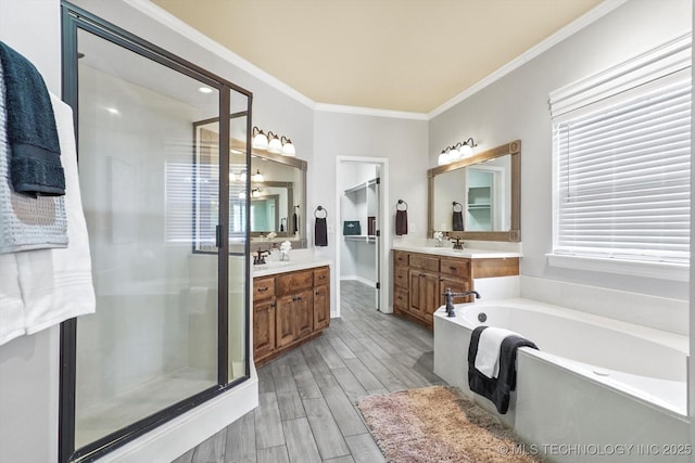 bathroom featuring crown molding, separate shower and tub, and vanity