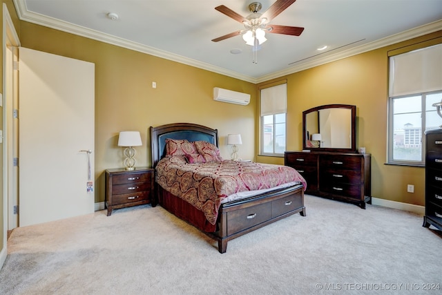 bedroom featuring light carpet, ornamental molding, an AC wall unit, and ceiling fan