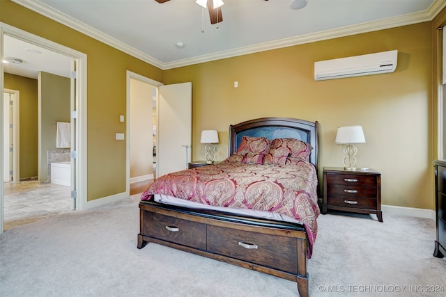 carpeted bedroom with ceiling fan, ensuite bath, ornamental molding, and a wall mounted AC