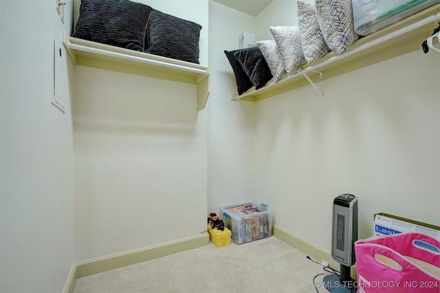 walk in closet with carpet flooring