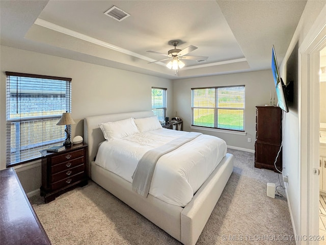 bedroom with a raised ceiling, light carpet, and ceiling fan