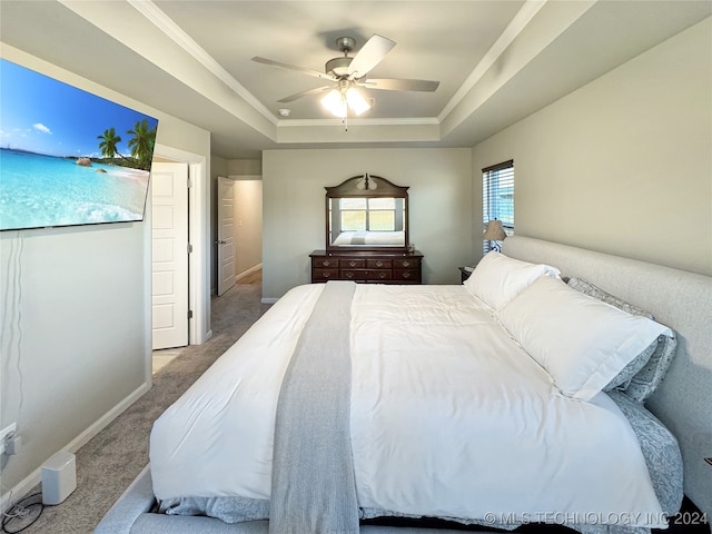 bedroom featuring ornamental molding, ceiling fan, carpet floors, and a raised ceiling