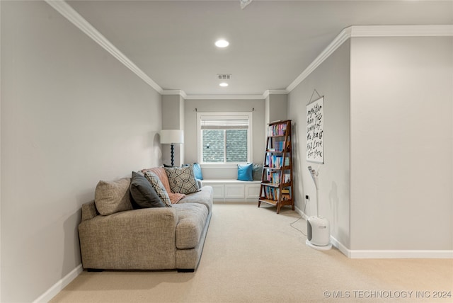 living room featuring carpet and crown molding