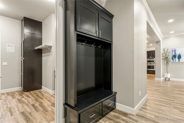 mudroom featuring crown molding and light wood-type flooring