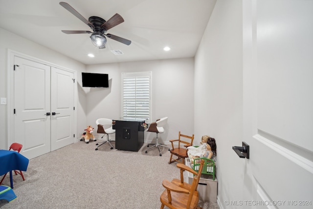 rec room featuring ceiling fan and carpet floors