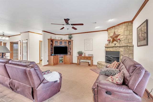 living room featuring a stone fireplace, ornamental molding, light carpet, and ceiling fan