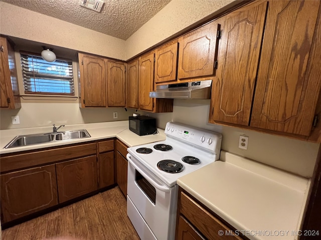 kitchen featuring white electric stove, a textured ceiling, dark hardwood / wood-style floors, and sink