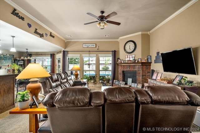 living room featuring crown molding, a fireplace, ceiling fan, and french doors