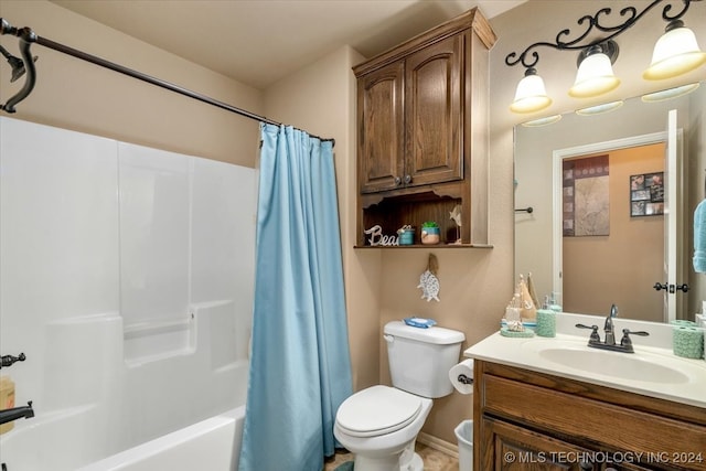 full bathroom with shower / bathtub combination with curtain, toilet, and vanity