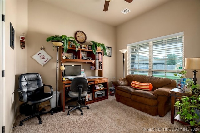 office with ceiling fan and light colored carpet