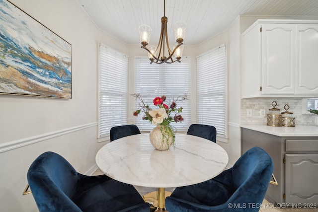 dining space with an inviting chandelier and wooden ceiling