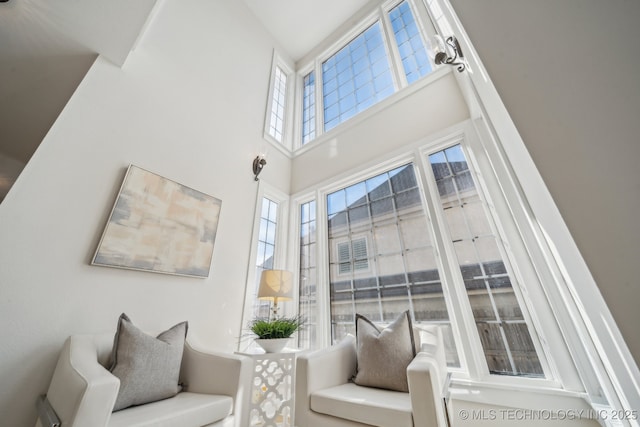 sitting room featuring a towering ceiling