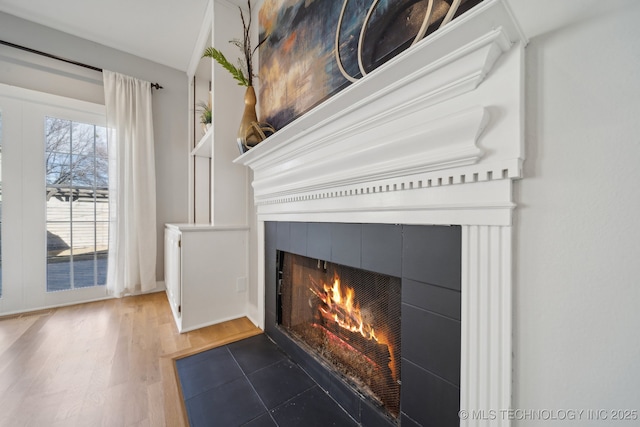 details with a tile fireplace and wood finished floors