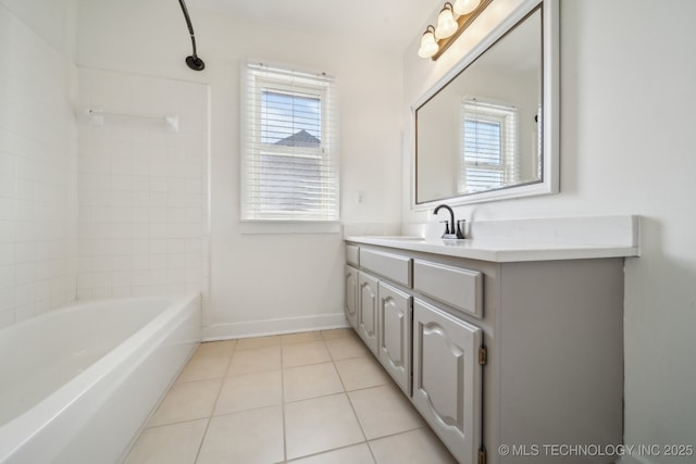 full bath featuring baseboards, vanity, and tile patterned flooring